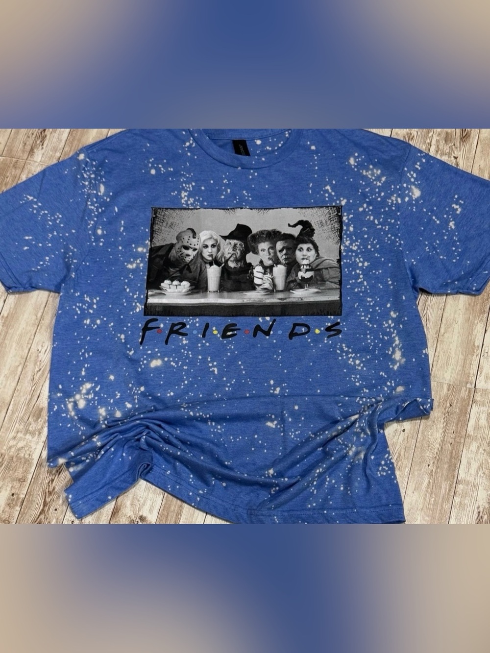 Gildan Blue bleached "Friends" Halloween Shirt Large